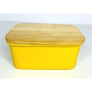 Sweejar Butter Dish Tub Keeper Wooden Lid w/ Seal Yellow Ceramic 6x4.5x2.75”